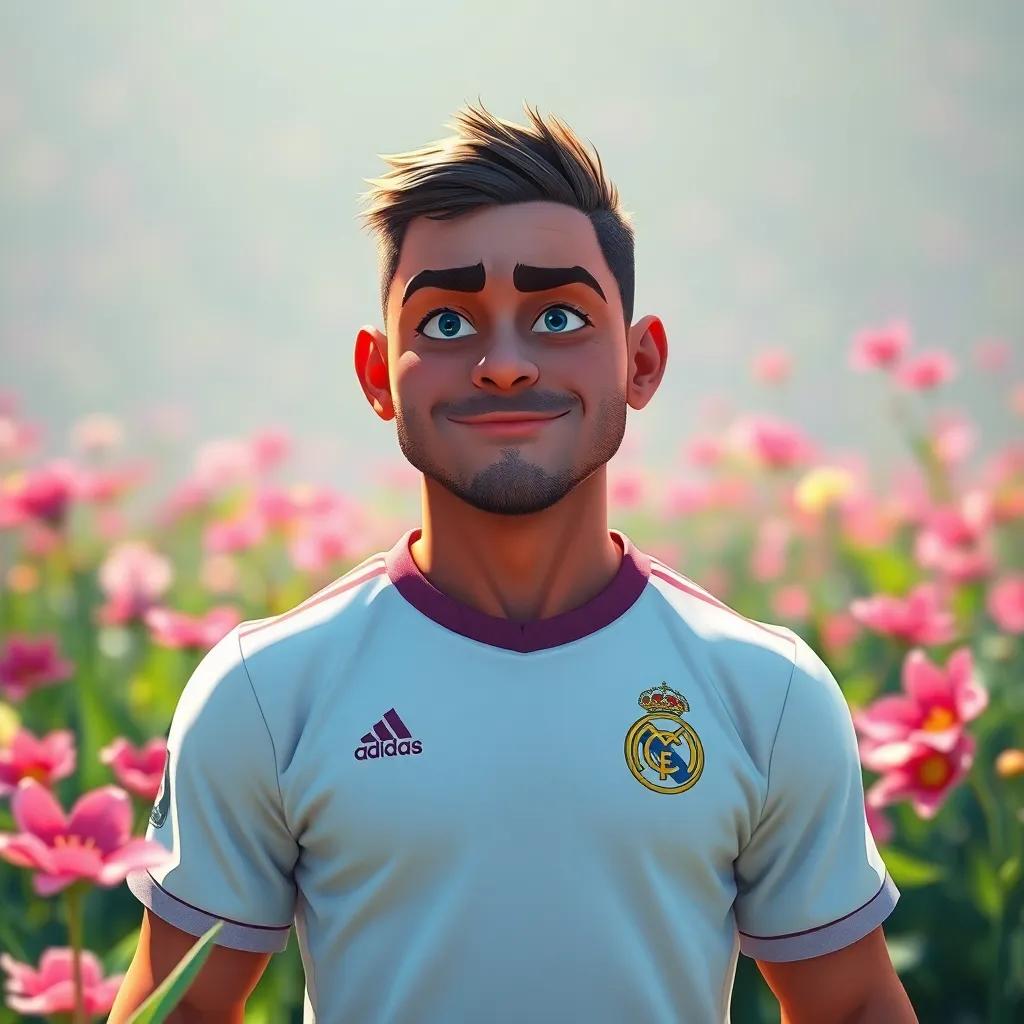 Pepe, un jugador fuerte y valiente, con piel morena y cabello corto, vistiendo una camiseta blanca del Real Madrid en un campo soleado, rodeado de flores, digital art, bright colors, cheerful atmosphere, high quality