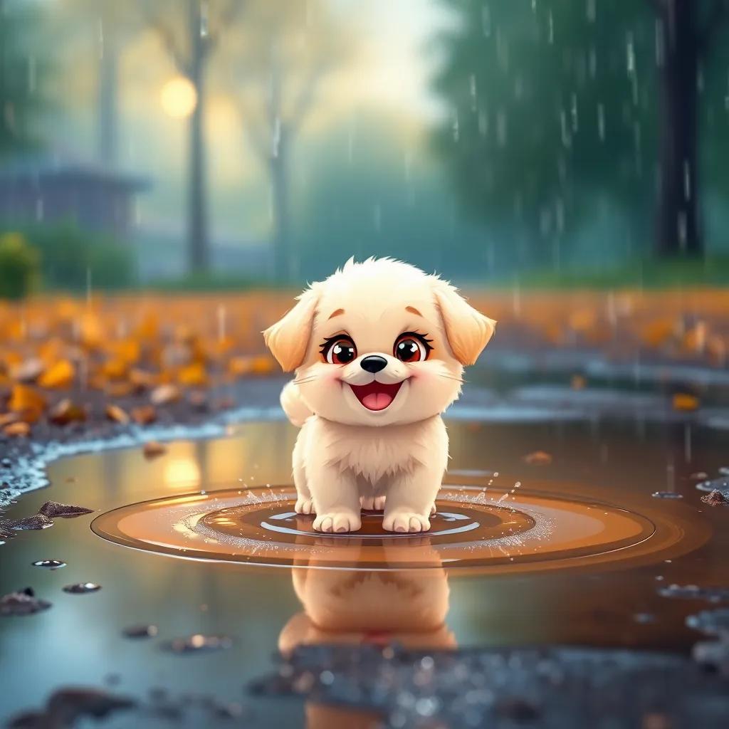 A small fluffy puppy named Percy, with bright eyes and a wagging tail, standing joyfully in a large, sparkling puddle after rain, digital art, vibrant colors, cheerful atmosphere, high quality