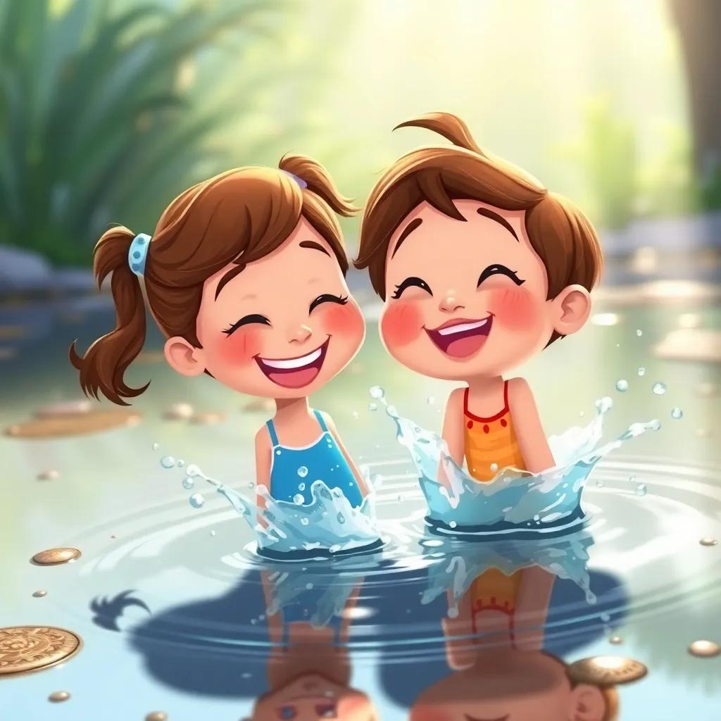 A playful girl named Mia with brown hair in pigtails, laughing and splashing next to Percy in the puddle, sunlight shining down, cheerful scene, colorful, heartwarming