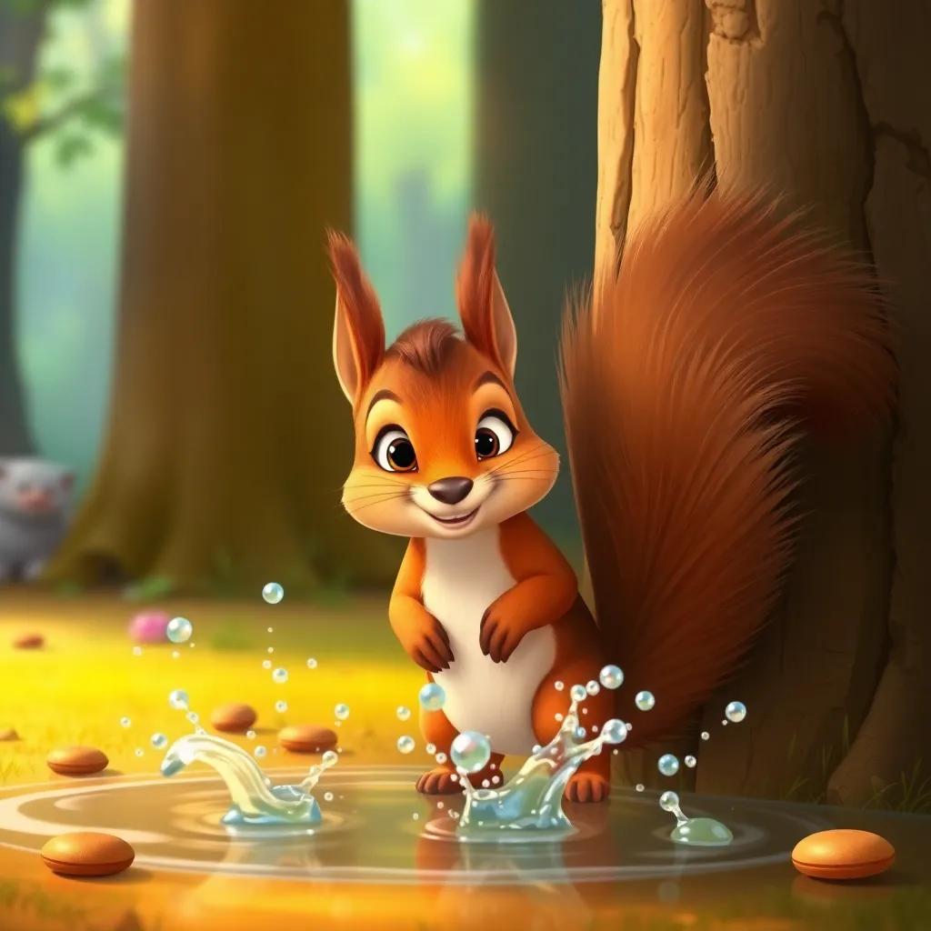 A curious squirrel named Squeaky with a bushy tail, peeking from behind a tree, looking at Percy and Mia splashing, woodland background, cute and playful, vibrant colors, high quality