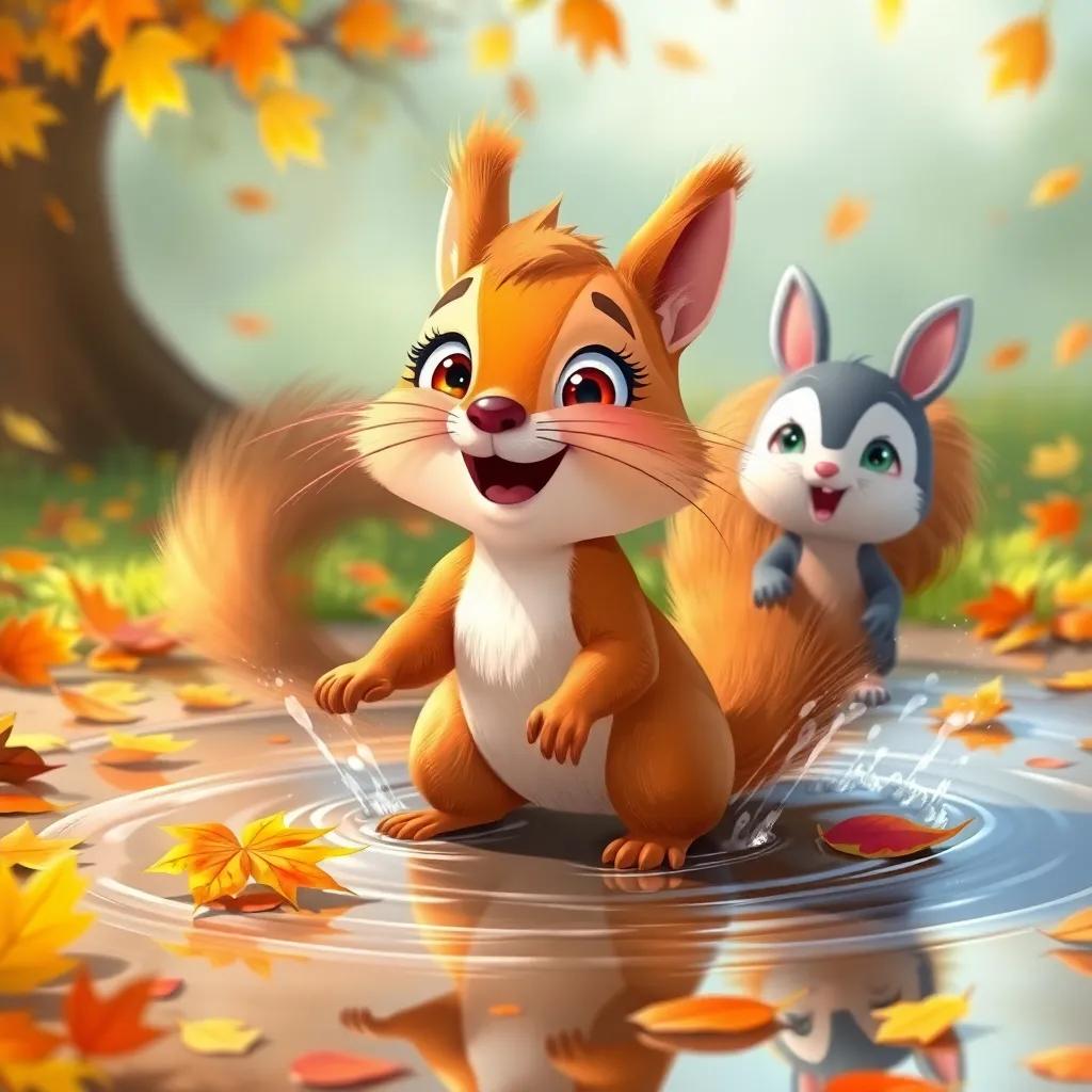A playful squirrel named Squeaky, with excitement in his eyes, joining Percy and Mia in the puddle, colorful autumn leaves surrounding, joyful atmosphere, children’s illustration