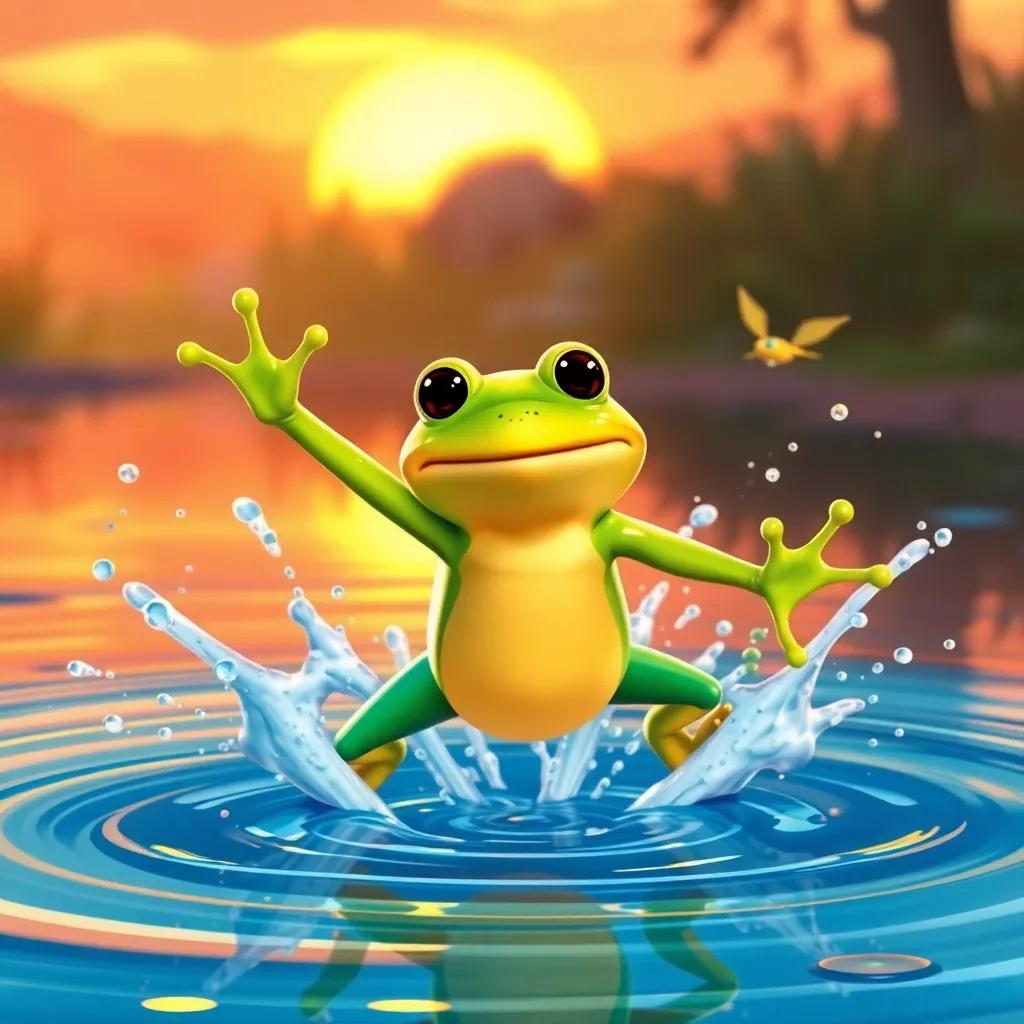 A colorful frog named Finn with bright green skin, leaping into the puddle with Percy and Mia, surrounded by splashes of water, warm sunset light, cheerful, vibrant illustration