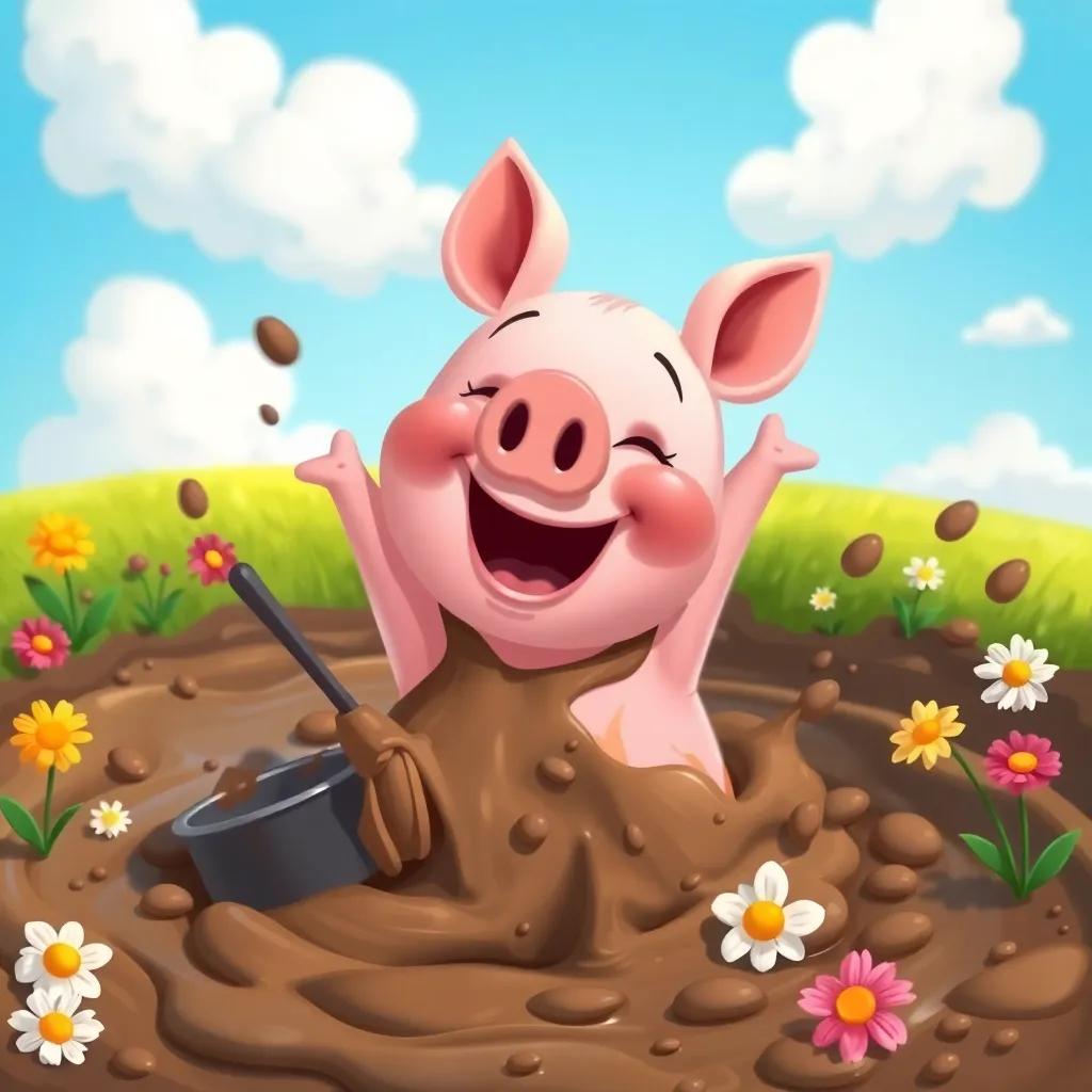 Percy the pig, joyfully rolling in a mud pit, splashing mud everywhere, with flowers around the pit, blue sky and fluffy clouds, cheerful mood, colorful and fun, child-friendly illustration, high detail
