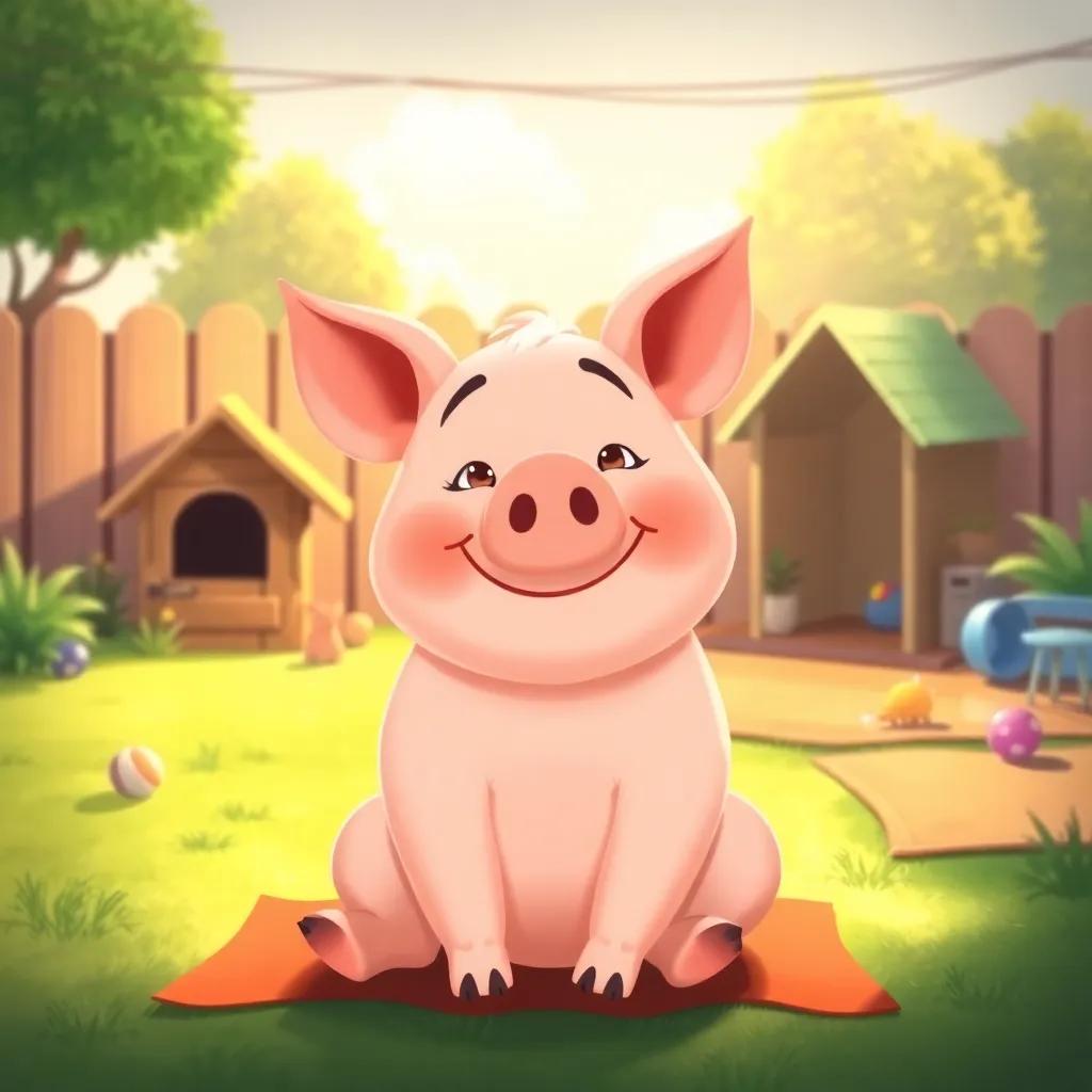 Percy the pig, sitting nicely with a proud expression, in a cozy backyard with a dog house and toys, bright sunny day, calm and happy vibe, illustration style, warm colors, inviting atmosphere