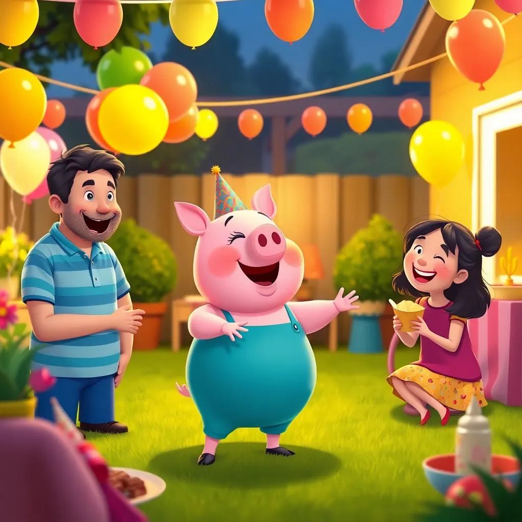 A family watching Percy the pig perform his dance, with laughter on their faces, in a decorated backyard with balloons and food, joyful celebration, vivid colors, festive mood, cartoon style