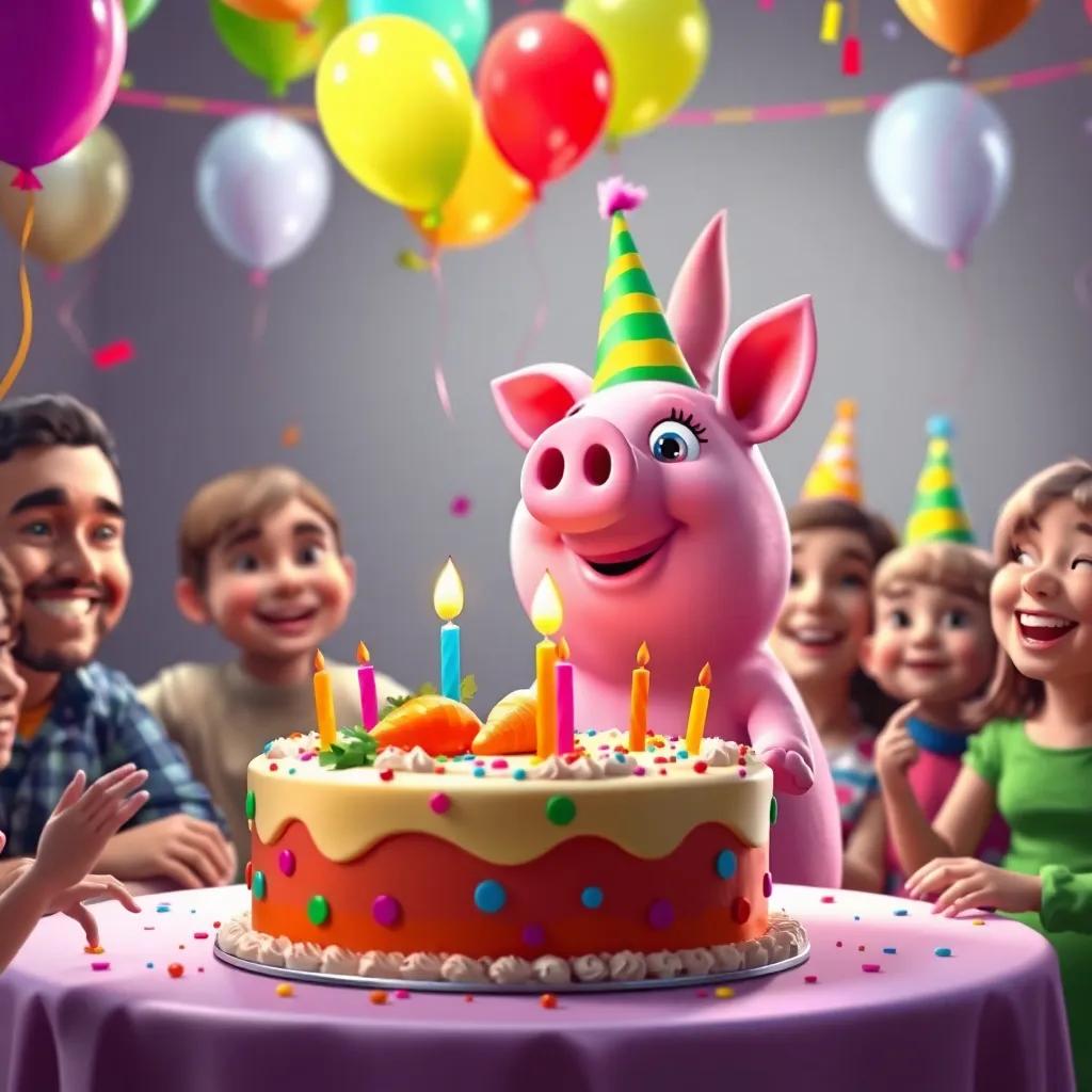 Percy the pig having a birthday party with colorful carrot-shaped cake and party hats, surrounded by family, balloons in the air, joyful atmosphere, lively scene, bright colors, high quality