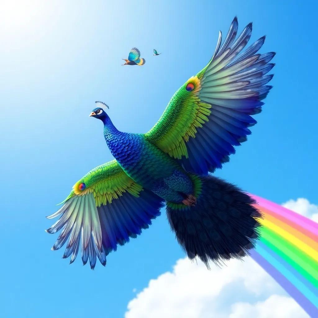 A beautiful peacock named Percy with bright green and blue feathers, soaring in a clear blue sky, leaving behind a vibrant rainbow trail, digital art, colorful, cheerful atmosphere, high quality