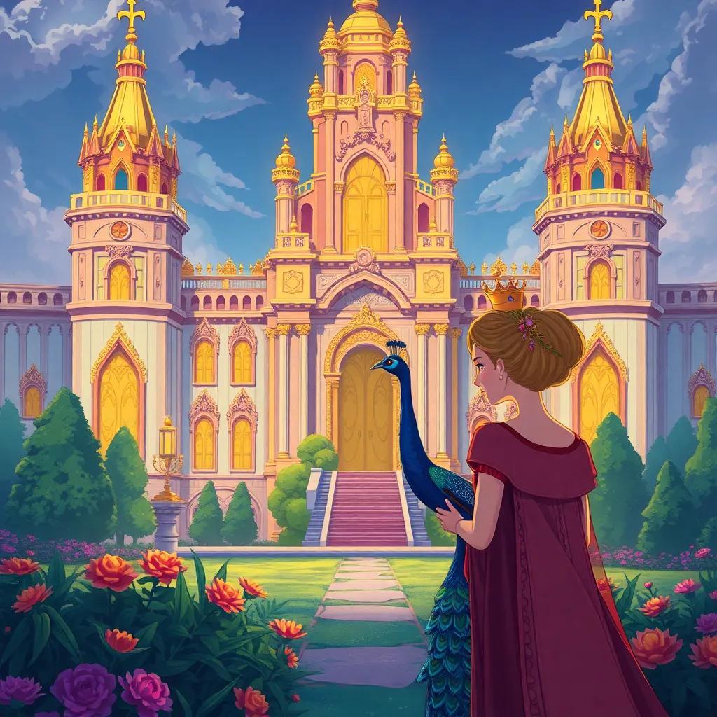 A royal palace with grand towers and golden doors, a curious queen watching Percy the peacock, surrounded by lush gardens, illustration, detailed, inviting colors
