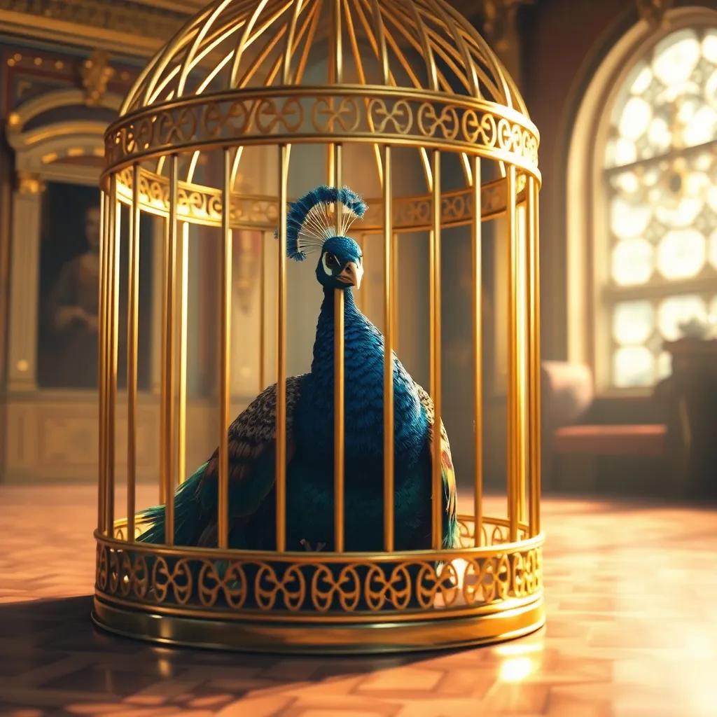 Percy the peacock sitting sadly inside a gleaming golden cage, with dull feathers, in the majestic palace, soft light, warm tones, emotional focus