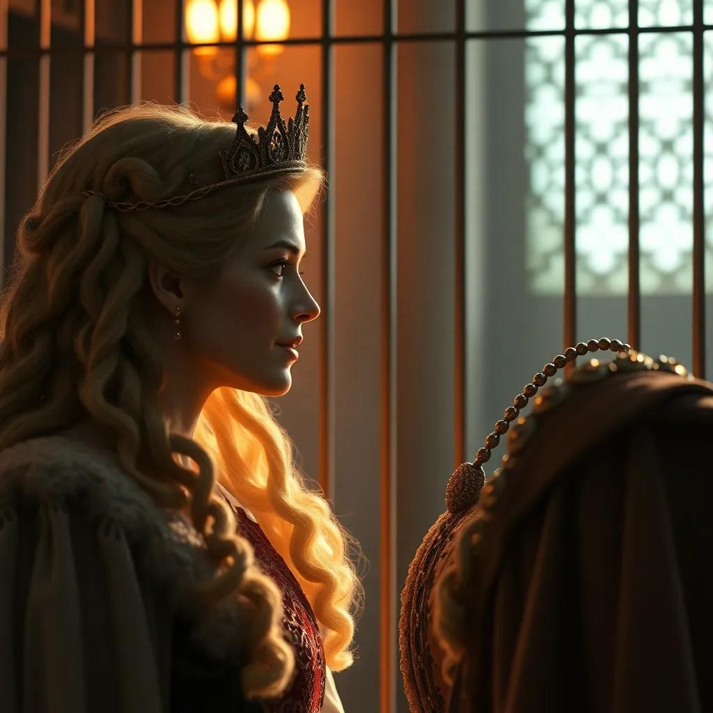 The queen looking compassionate as she speaks to Percy, with a gentle expression, in front of the cage, warm light, realistic, heartfelt scene
