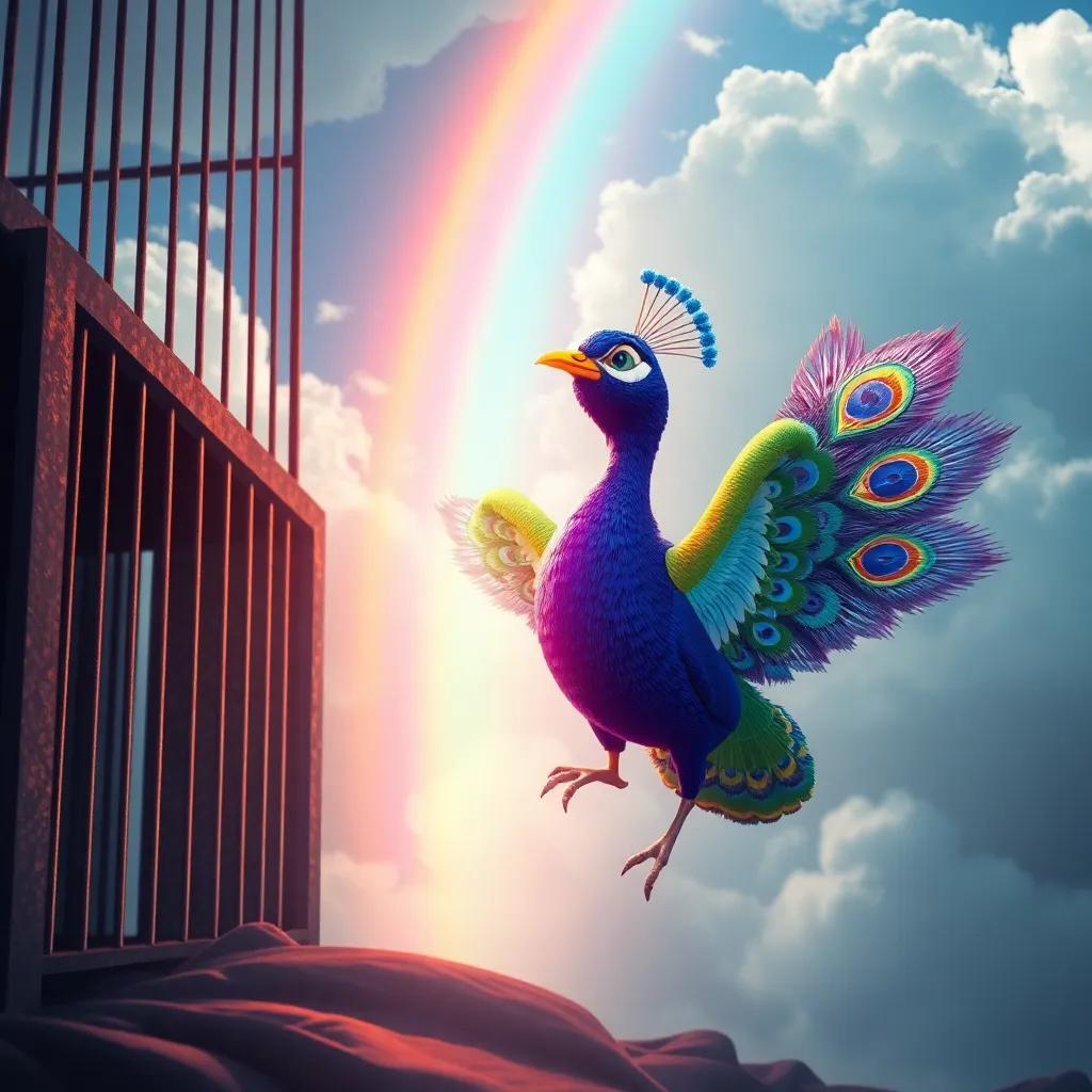 Percy the peacock flying out of the cage with colorful feathers shining bright, a magnificent rainbow appearing in the sky, dynamic angle, celebration of freedom
