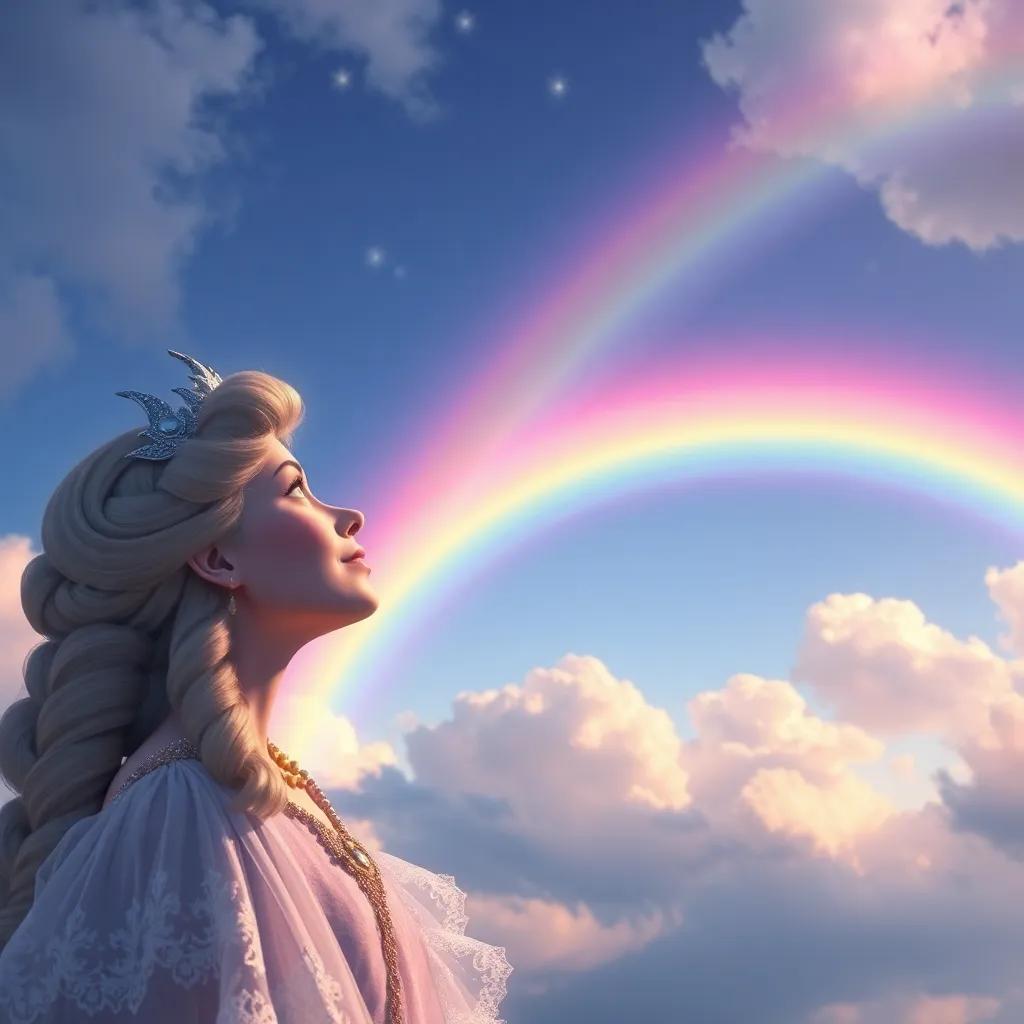 The queen watching in awe as Percy creates a beautiful rainbow in the sky, her eyes filled with wonder, pastel colors, joyful atmosphere