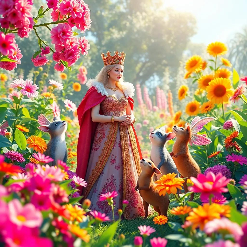 The queen stands in a flower-filled garden, speaking with joyful animals, surrounded by vibrant plants, bright sunlight, colorful and uplifting