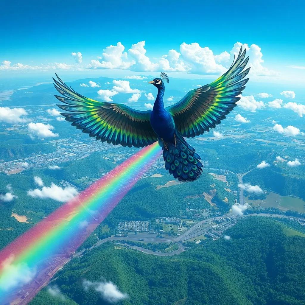 Percy the peacock soaring high above the kingdom, leaving a trail of vibrant rainbows behind, a panoramic view, dazzling scenery, uplifting qualities