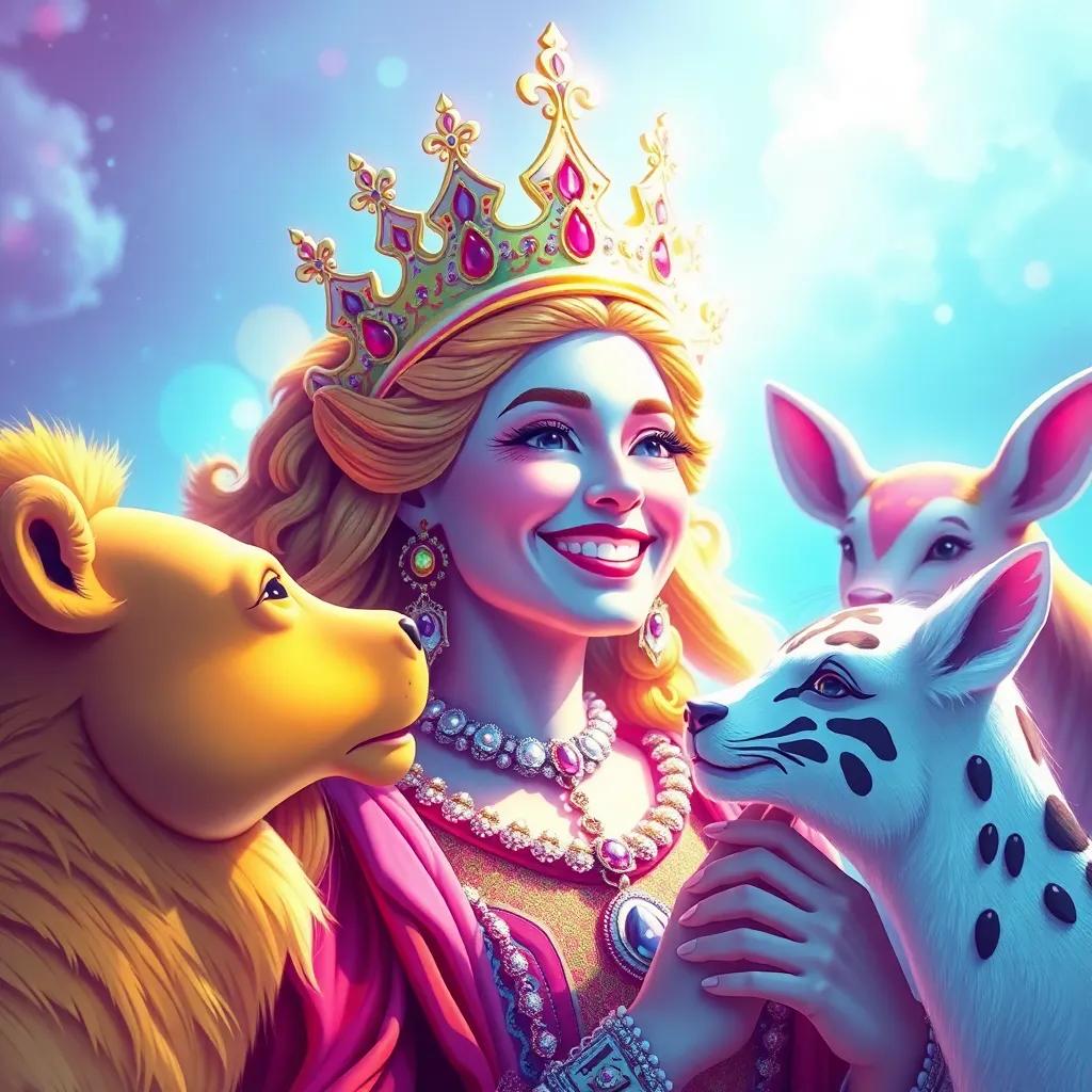 The queen smiling at animals with kindness, securing their freedom, spreading love in her kingdom, bright colors, energetic, positive mood