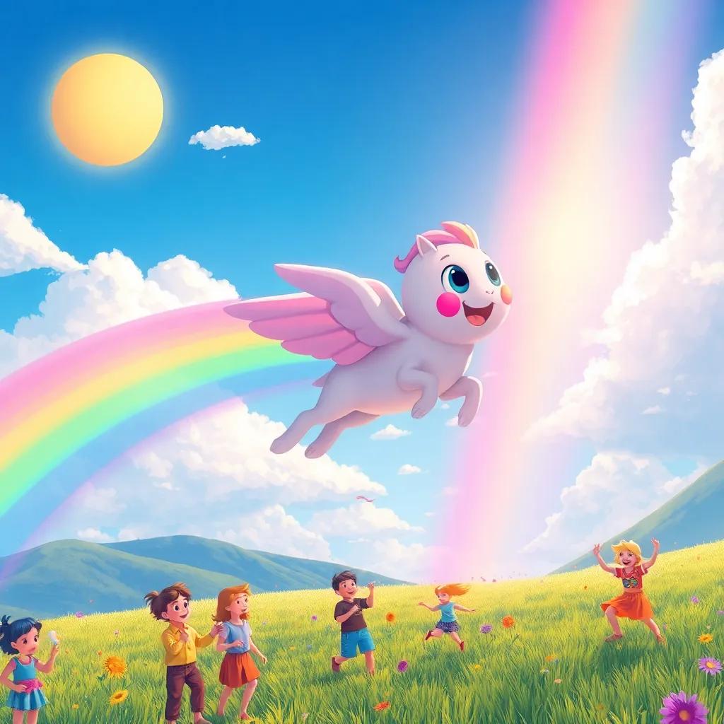 Percy flying through a sunny landscape, painting rainbows in the sky, accompanied by happy children, capturing a joyful community, mixed colors, lively atmosphere