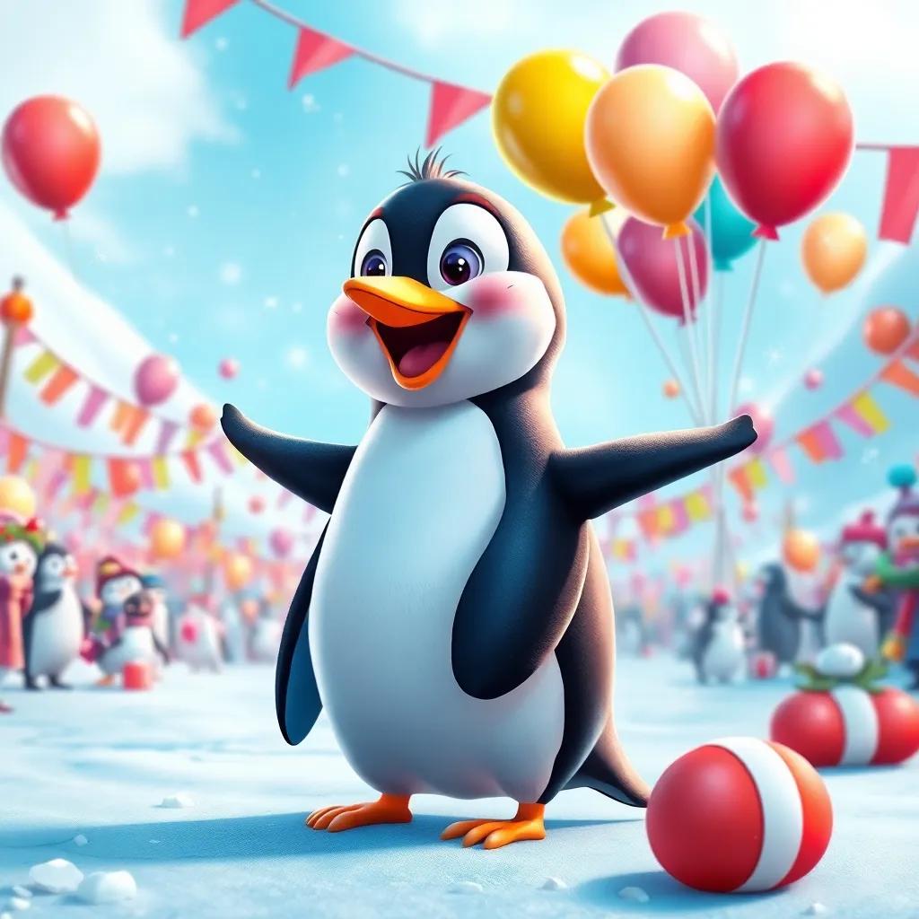 A cheerful penguin, Percy, with a shiny black and white body, organizing a festive parade in a snowy land, surrounded by colorful banners and balloons, sparkling snowflakes falling, digital art, vibrant colors, bright and joyful atmosphere, whimsical style, high quality