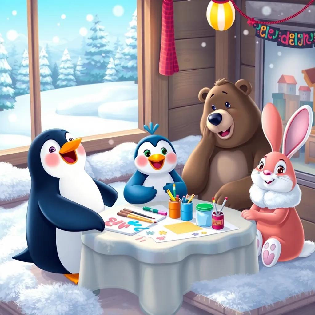 Percy the penguin, with his friends Sally the seal, Benny the bear, and Ruby the rabbit, excitedly planning their parade, sitting around a cozy, snow-covered table with art supplies, cheerful expressions, snowy landscape outside, illustration, playful and fun, inviting scene, high quality