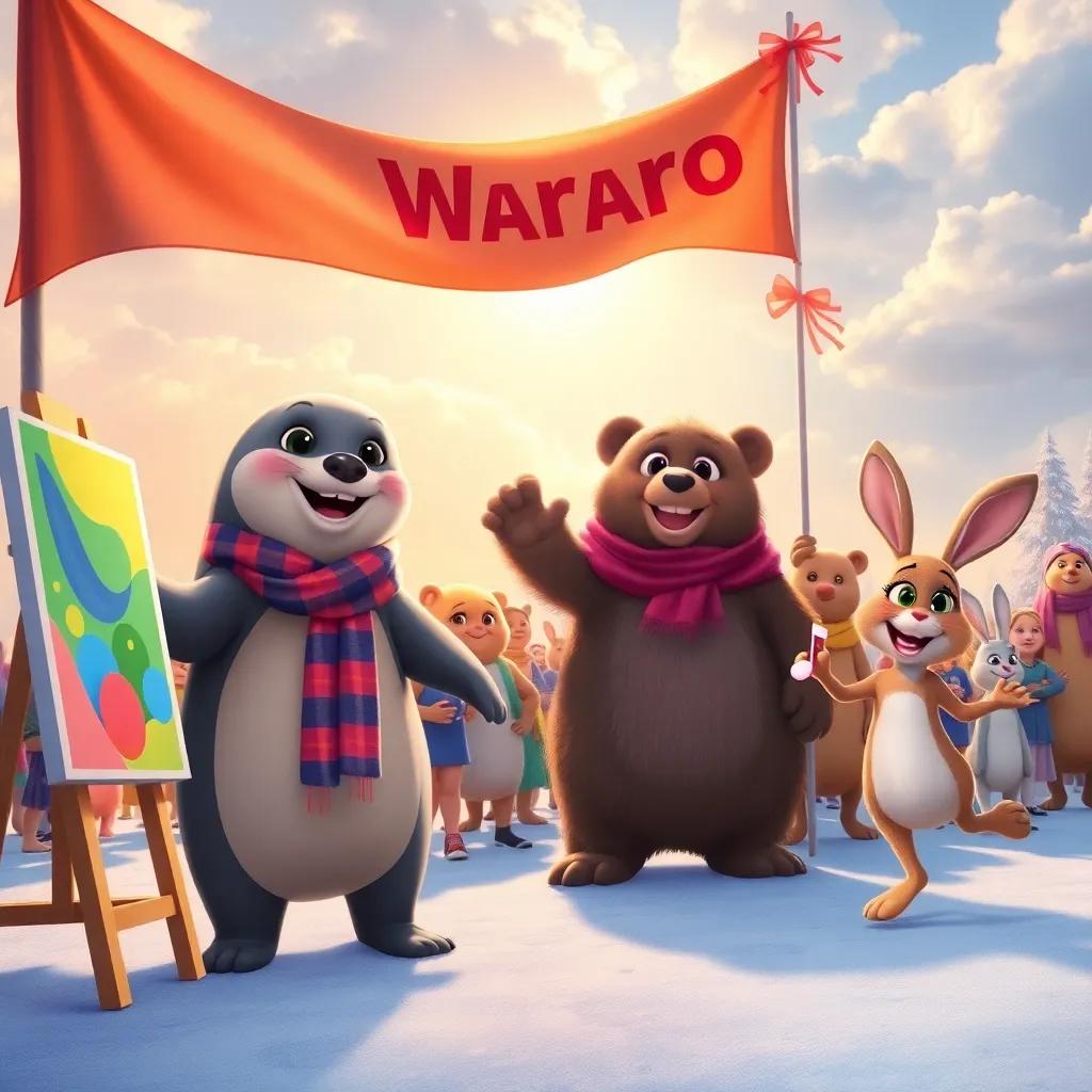 A group of animals preparing for a parade, Sally the seal painting a beautiful banner with bright colors, Benny the bear dancing nearby with a big smile, Ruby the rabbit hopping with music notes in her paw, warm sunlight breaking through the snowy clouds, detailed illustration, lively and engaging, child-friendly, high quality