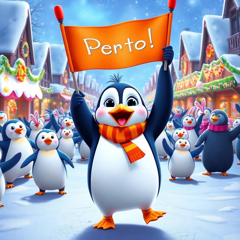 Percy the penguin, leading the joyful parade in the snowy village, holding a colorful banner high, surrounded by dancing penguins, seals, bears, and rabbits, happy faces all around, festive decorations in the snow, digital art, colorful and vibrant, uplifting scene, high quality