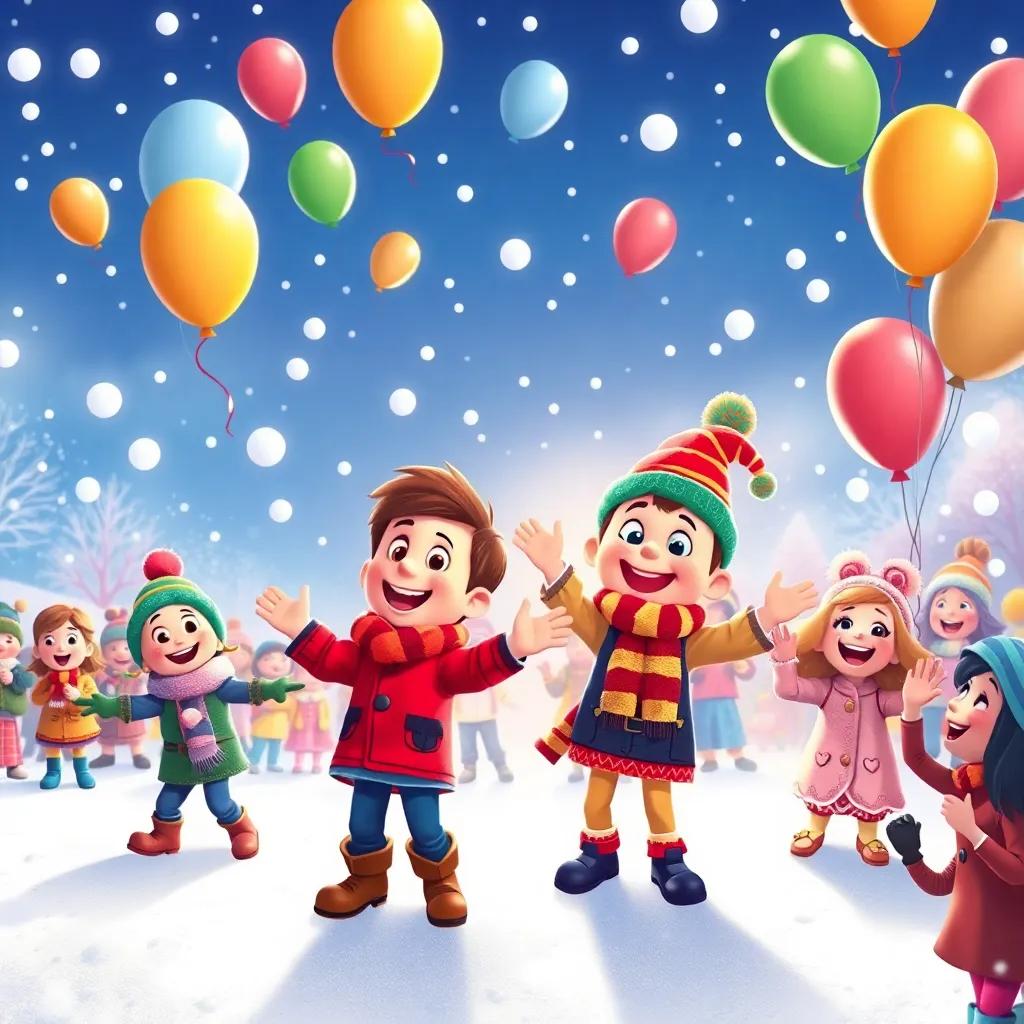 A heartwarming scene of Percy and friends performing silly dances at their parade, balloons floating above them, everyone laughing and throwing snow, the snowy landscape filled with joy and celebration, cheerful expressions all around, colorful and radiant, festive illustration, high quality