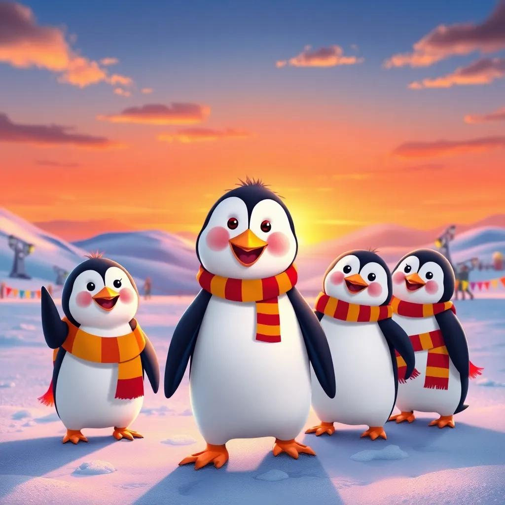 The sunset over the snowy land, Percy the penguin with his friends, all smiling proudly after their parade, colorful banners around, a warm glow in the atmosphere, capturing the essence of joy and friendship, heartwarming illustration, bright and cheerful, high quality