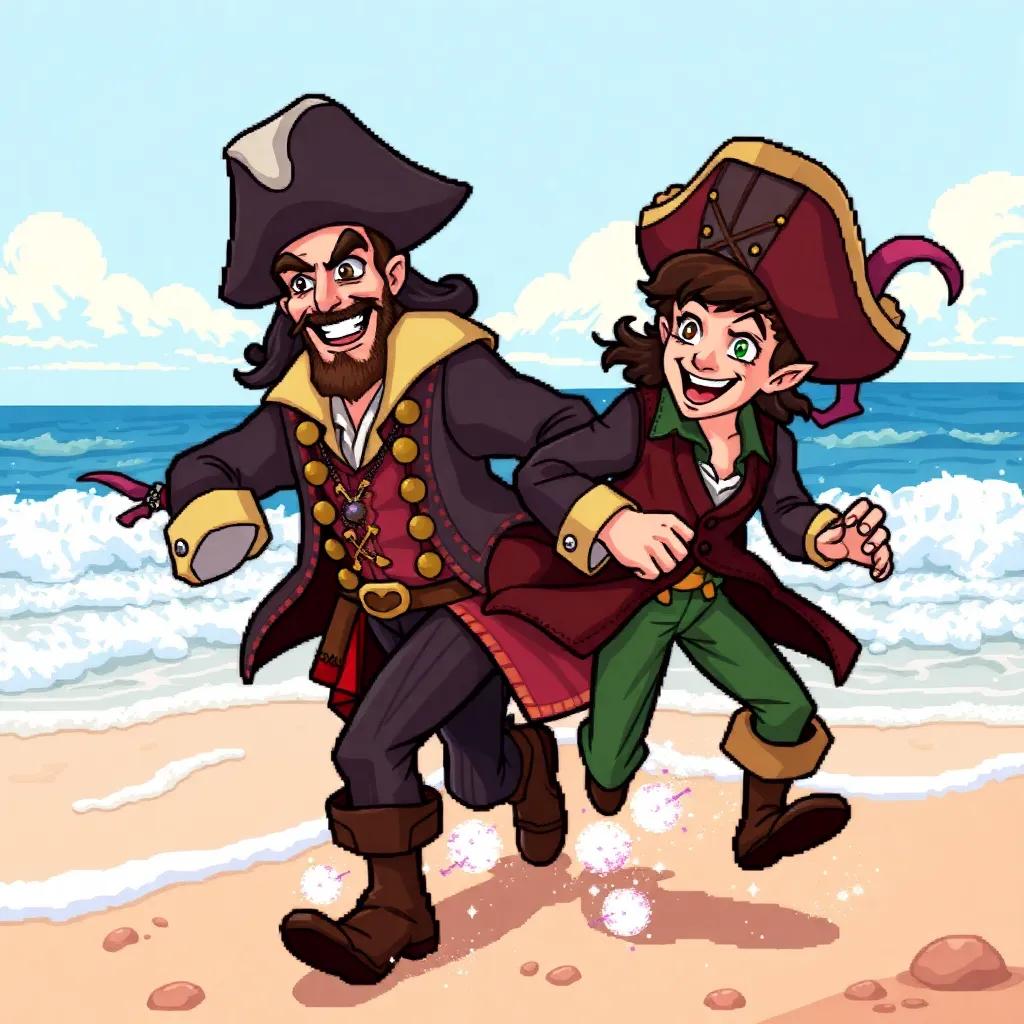 Captain Hook, a tall man with a charming smile, wearing a fancy pirate outfit and a big hat, chasing Peter Pan across the beach, with waves crashing in the background, colorful, dynamic, action scene, detailed