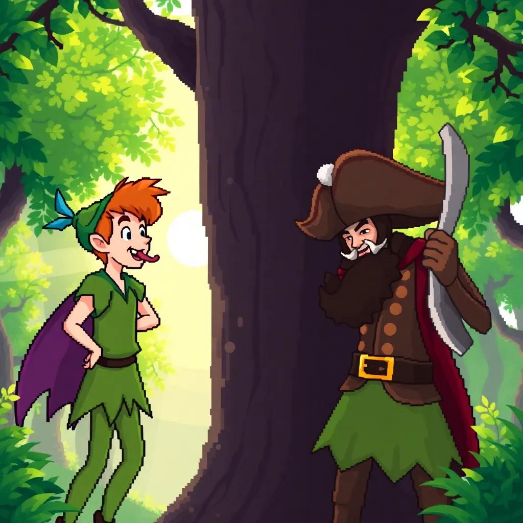 A playful moment where Peter Pan is hiding behind a tree, sticking his tongue out at Captain Hook who is pretending to be a statue, lush green trees and radiant sunlight, playful and whimsical mood, bright and colorful