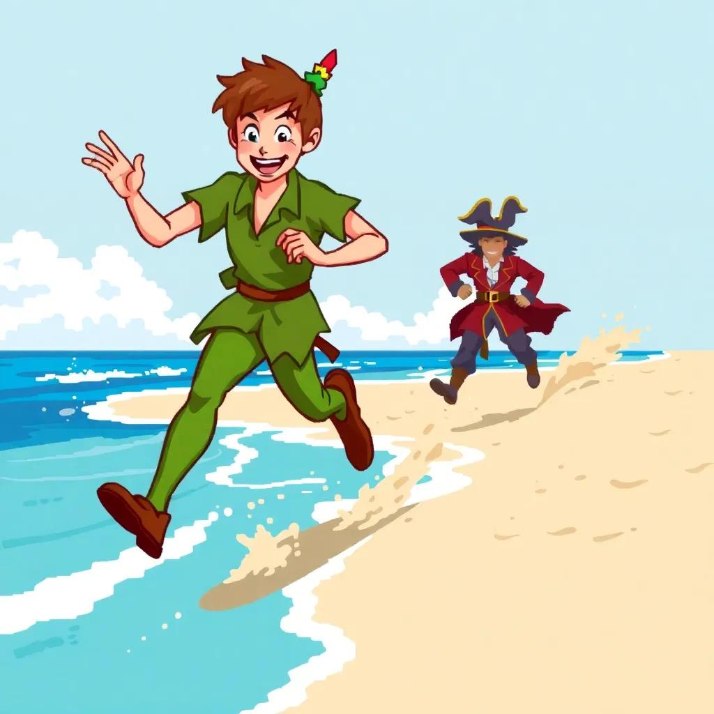 Peter Pan, with a twinkle in his eye, joyfully running ahead with Captain Hook chasing him, both figures in motion, soft sand kicking up behind, vibrant beach scene, joyful and energetic