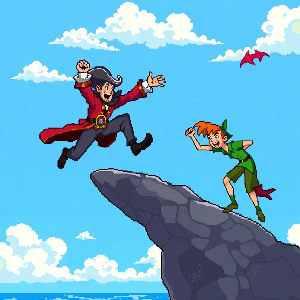 Captain Hook jumping over a rock with determination, Peter Pan mocking him with laughter in the background, bright blue skies and playful clouds, energetic and exciting vibe, high quality