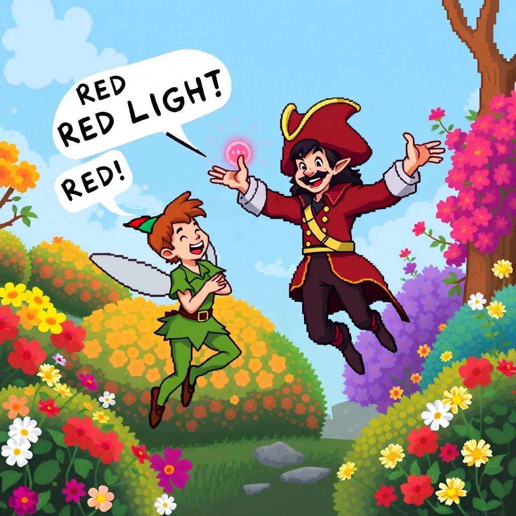 Peter Pan giggling, shouting 'Red Light!' while Captain Hook pretends to freeze mid-jump, surrounded by colorful bushes and flowers, whimsical and funny scene, vivid colors