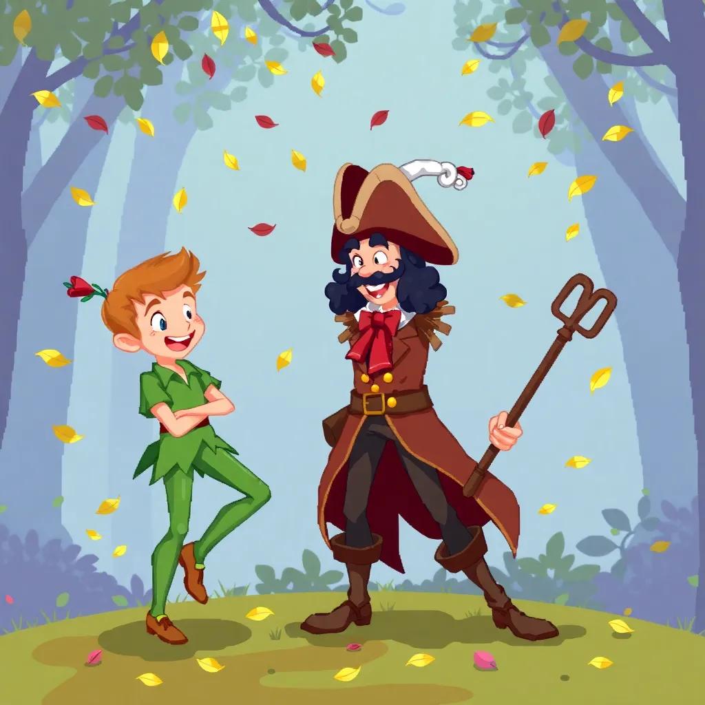 Peter Pan with a bright smile, mimicking Captain Hook while they play, leaves swirling around from their movements, cheerful and inviting environment, colorful and engaging