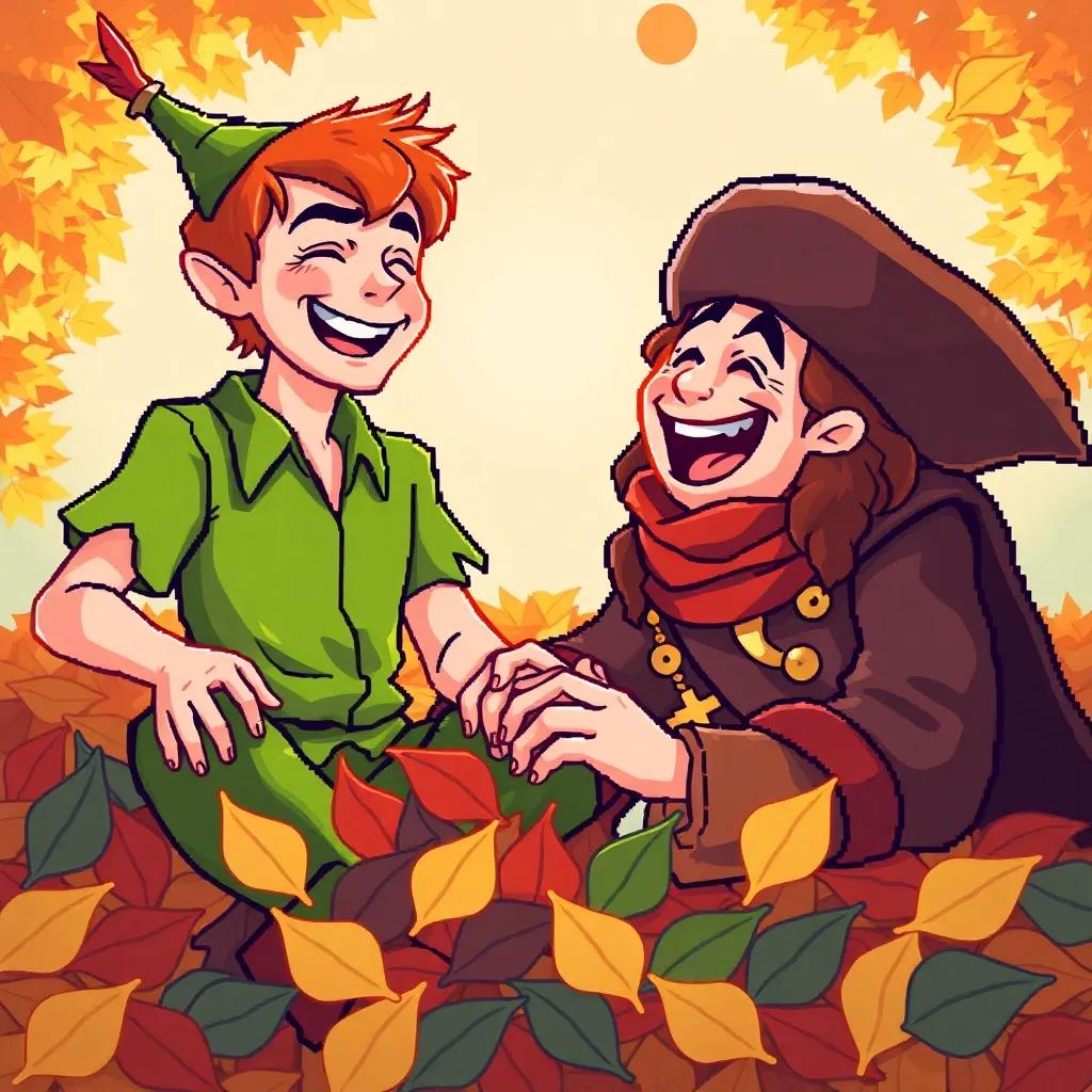 Peter Pan and Captain Hook both laughing in a pile of leaves, the sun shining down on them, demonstrating their friendship and fun, bright and warm colors, heartwarming atmosphere