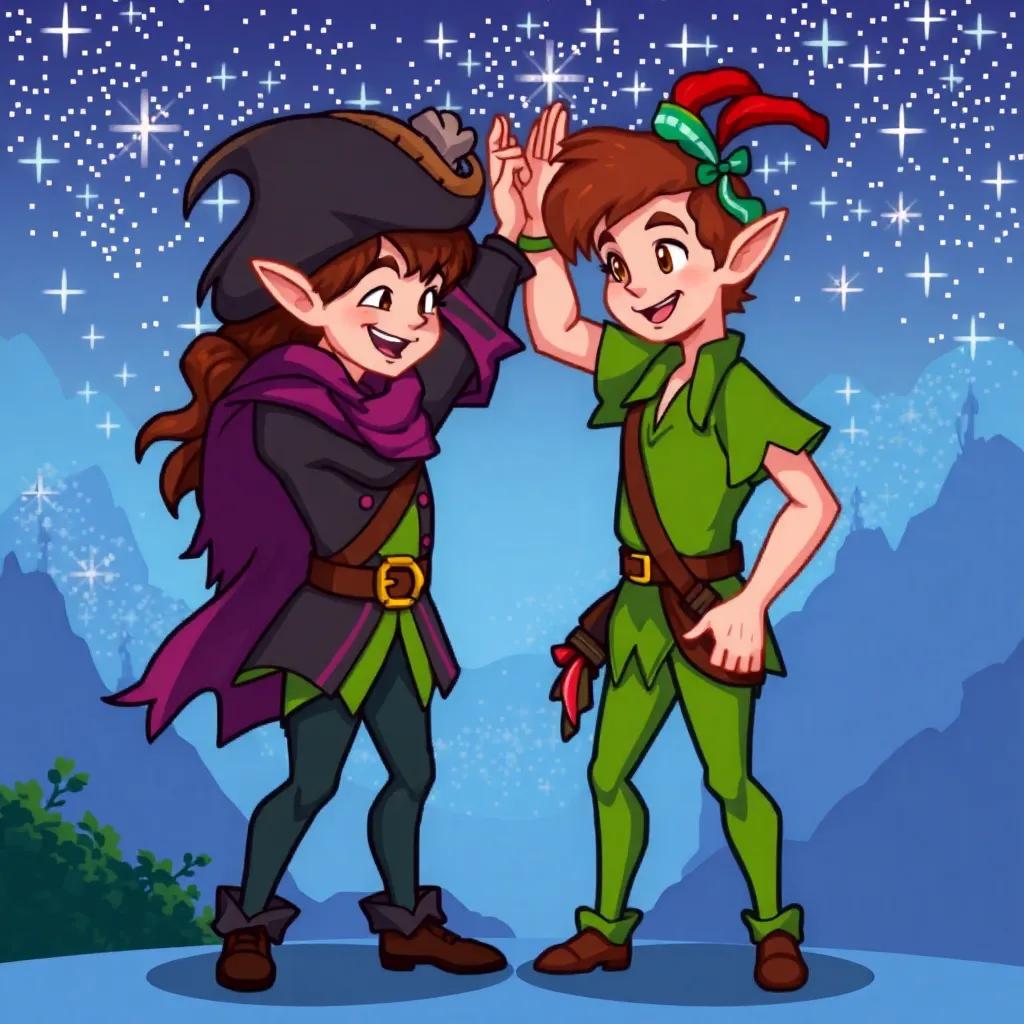 Peter Pan and Captain Hook standing together, high-fiving each other, with Neverland's sparkling scenery in the background, colorful, joyful, friendship-themed, high quality