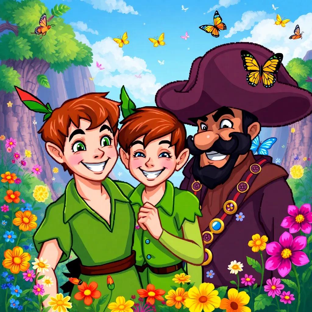 Peter Pan and Captain Hook smiling, surrounded by the magical landscape of Neverland, filled with colorful flowers and butterflies, showcasing their playful adventure, enchanting and colorful, high quality
