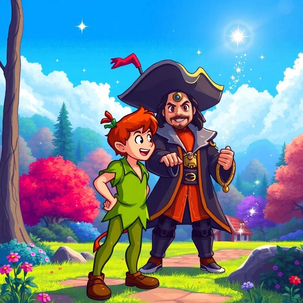 A sunny day in Neverland, Peter Pan calling out to Captain Hook for a game, colorful trees and sparkling fairy dust in the background, joyful atmosphere, digital art, vibrant colors, inviting scene, high quality