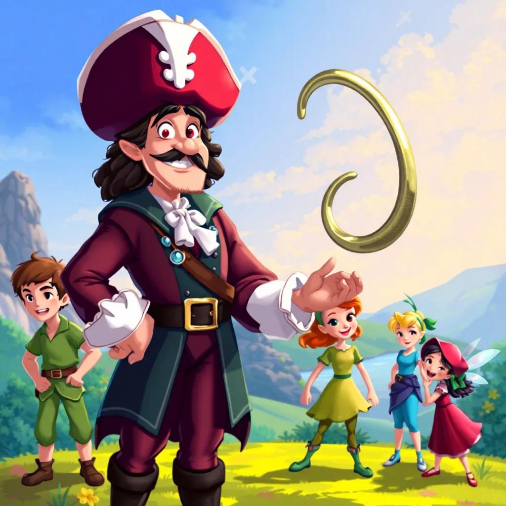 Captain Hook looking curious, dressed in his signature pirate clothes, standing confidently with his shiny hook out, surrounded by Peter Pan and other characters like Wendy and Tinkerbell, cheerful expression, vibrant landscape, colorful scenery, digital painting, child-friendly