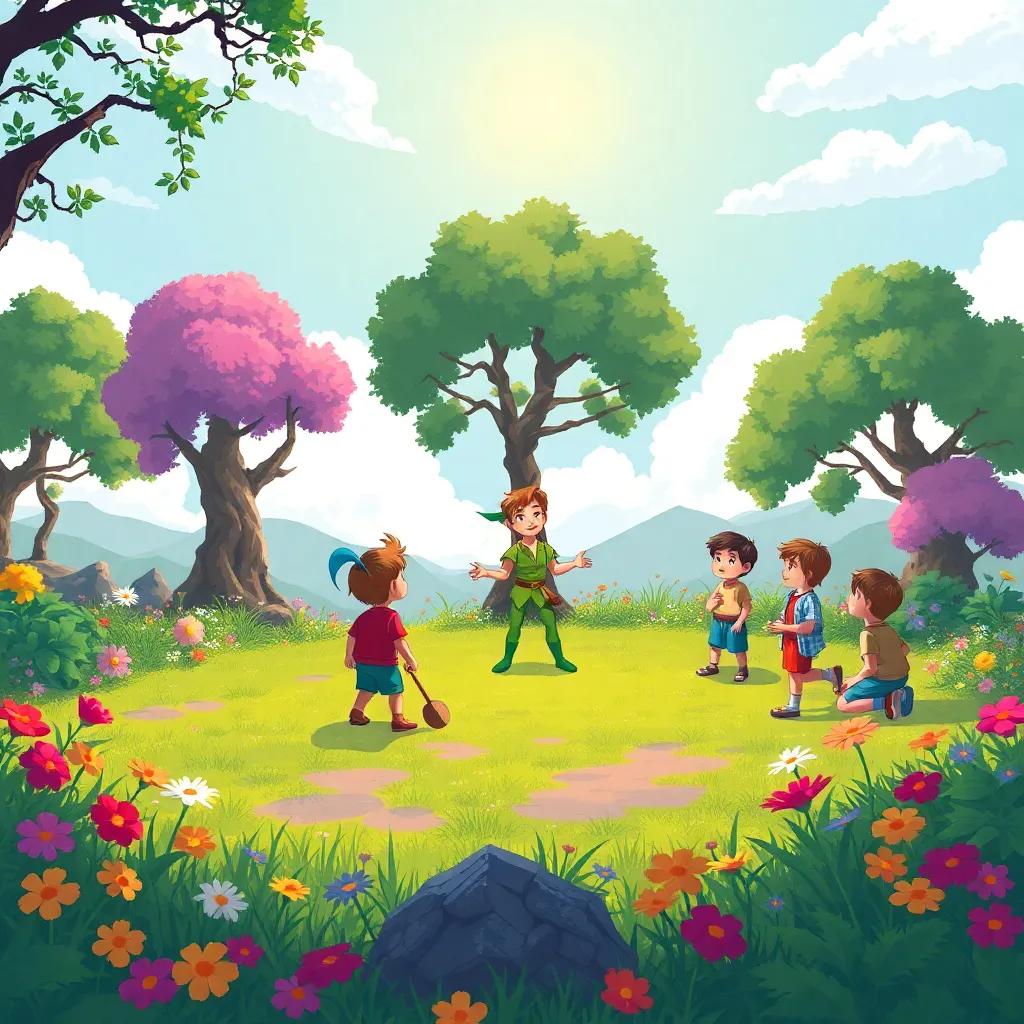 The clearing where the game is being played, Peter Pan explaining the rules of Green Light, Red Light to the group, Lost Boys laughing, colorful flowers and trees around them, a bright sunny sky above, digital art, lively colors, fun atmosphere, high quality