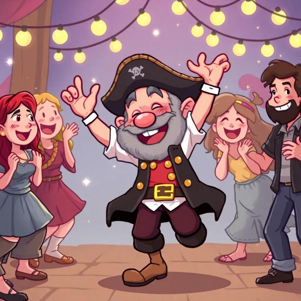 Smee, dancing clumsily as he gets caught moving, with a big smile, wearing a pirate outfit but without the hat, surrounded by friends laughing and cheering, joyful expressions and fairy lights in the background, whimsical illustration, vibrant colors