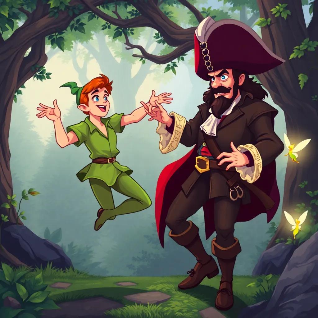 Peter Pan and Captain Hook in the middle of the game, Peter playfully dancing, while Hook is trying to pretend to be serious, a beautiful forest in the background, Tinkerbell glowing nearby, digital illustration, dynamic and engaging scene, high quality