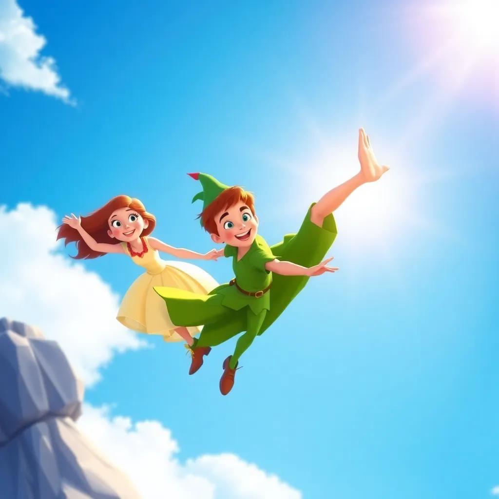 Peter Pan flying in the bright blue sky with Wendy and John; vibrant colors, whimsical style, joyful scene, sunlight shining, high quality