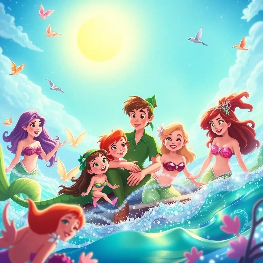 Peter Pan and his friends in Neverland, surrounded by magical mermaids in the sparkling sea under the sun; detailed illustration, cheerful atmosphere, colorful