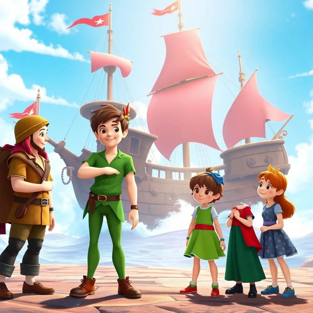 Peter Pan and friends standing near a pirate ship; whimsical style, adventure theme, bright sky, playful interaction, high quality