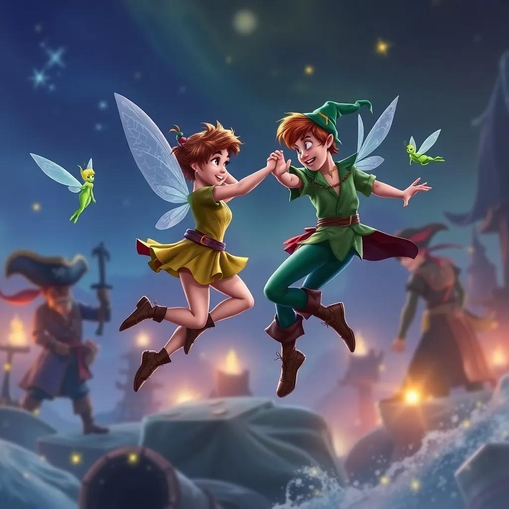Peter Pan and Tinkerbell dancing over the pirates in a playful duel; exciting action scene, magical glow, child-friendly style, vivid colors