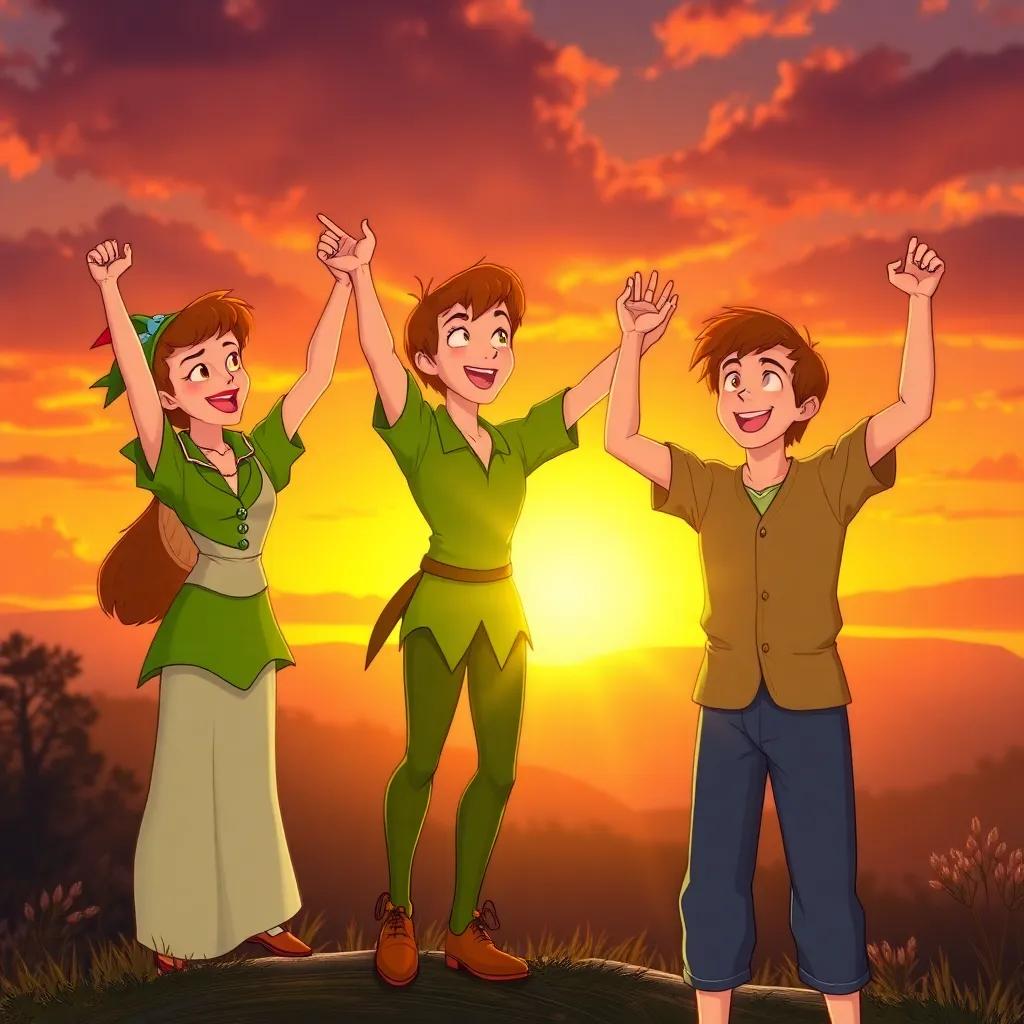 Peter Pan, Wendy, and John cheering together at sunset, celebrating their victory; warm colors, joyful expressions, heartwarming moment, high quality