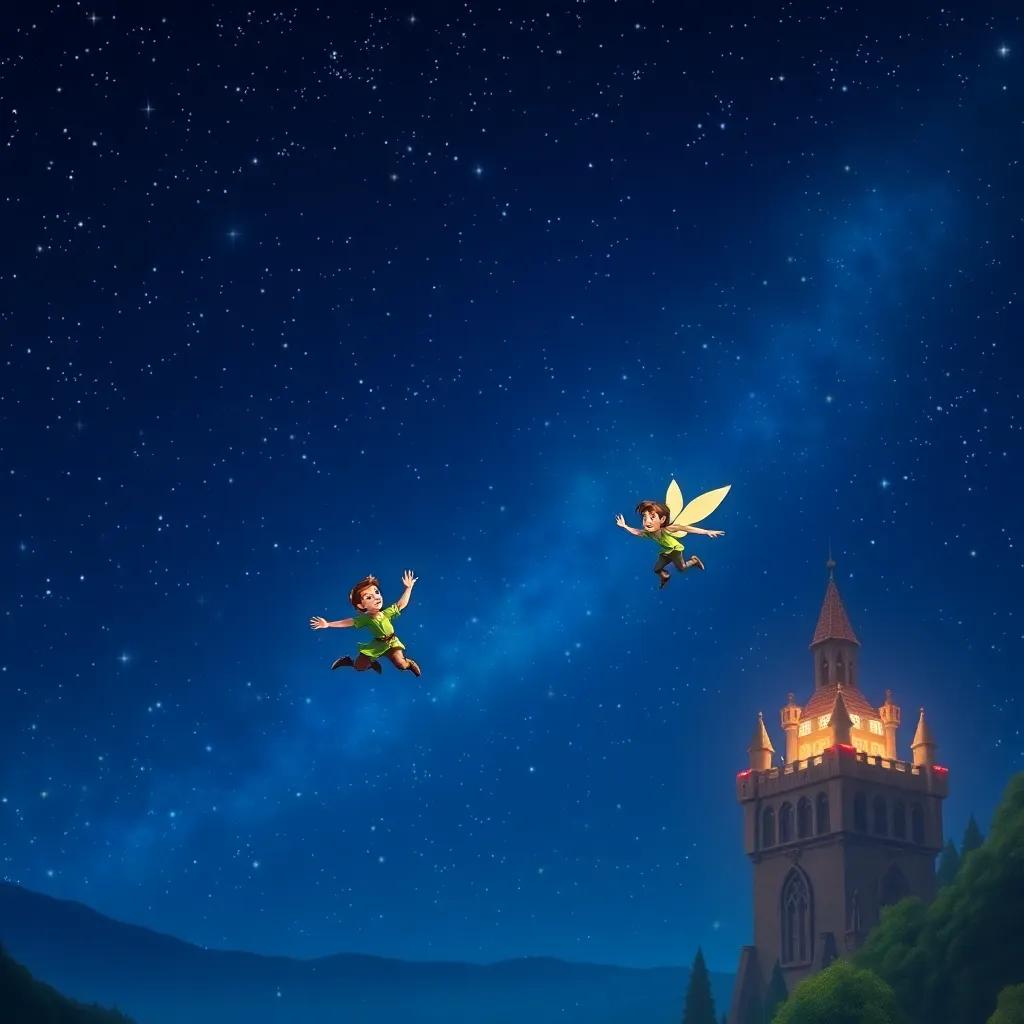 A beautiful night sky with stars twinkling over Neverland, Peter and friends flying freely; enchanting atmosphere, detailed starry background, magical