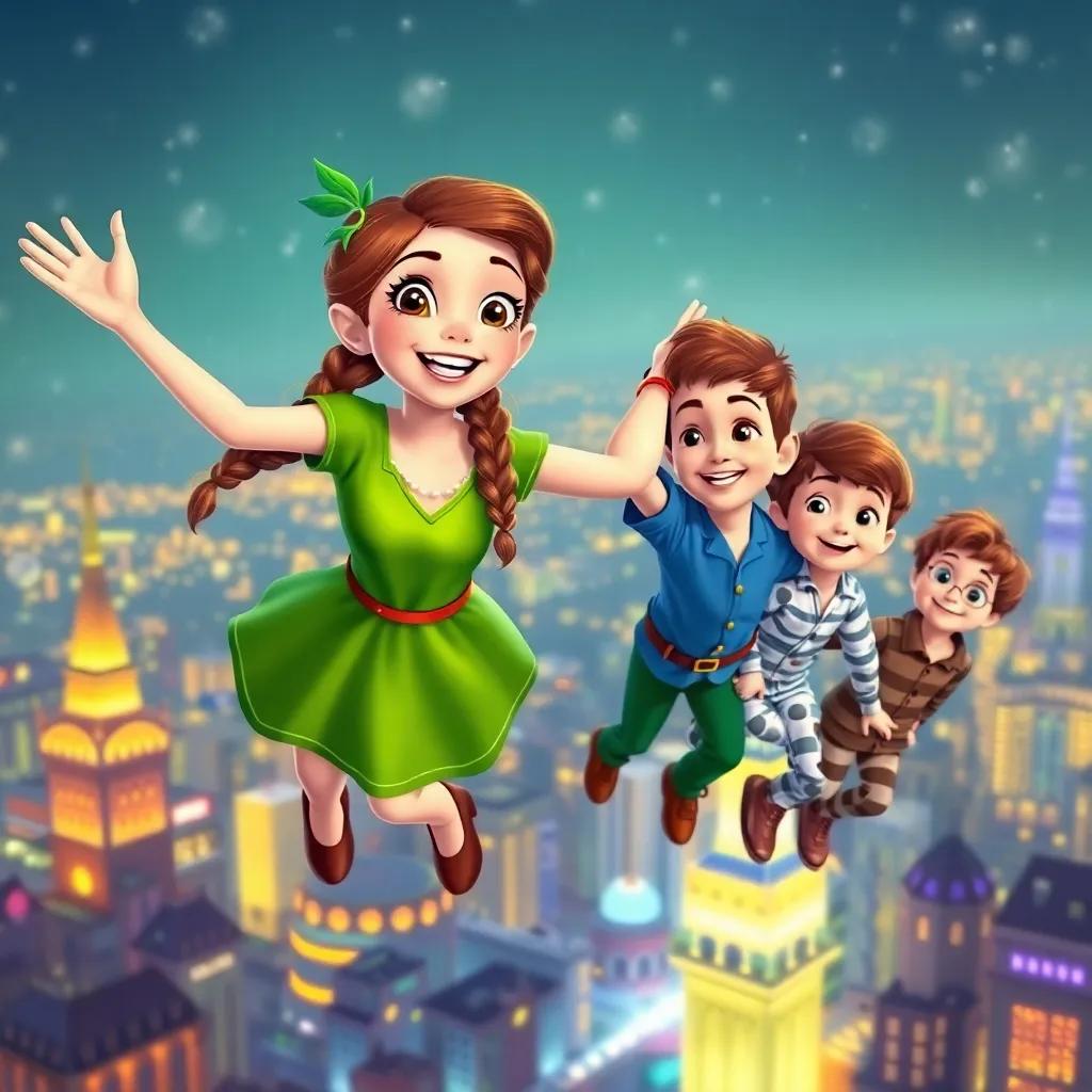 Wendy, a young girl with long brown hair in braids, smiling with excitement, flying hand-in-hand with Peter Pan, pulling her brothers, John in a blue shirt and Michael in pajamas, over the twinkling lights of the city, bright and cheerful setting, colorful, high quality