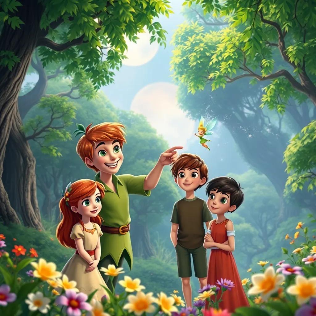 In Neverland, Peter Pan with a joyful smile shows Tinker Bell, a tiny fairy with sparkling wings, sprinkling magic dust on Wendy, John, and Michael, lush green trees and colorful flowers around them, magical and enchanting scene, vibrant colors, high quality