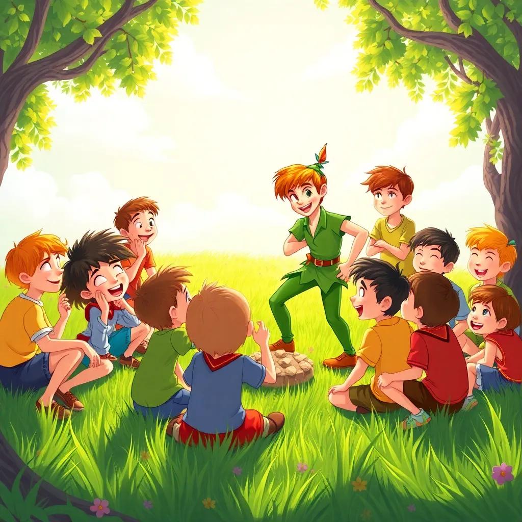 Peter Pan and the Lost Boys are gathered in a circle, happily playing games and building forts, a bright sunny day in Neverland with green grass, joyful faces and laughter, energetic and fun atmosphere, colorful illustration, high quality