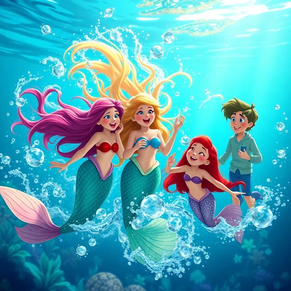 Mermaids with flowing hair, splashing in the water as they sing, with Wendy, John, and Michael joining in the fun around them, bright and vivid underwater scene, magical and inviting atmosphere, cheerful digital art, high quality